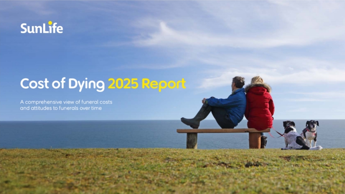 Front cover page of the SunLife Cost of Dying 2025 Report, showing two people on a bench looking out to sea, with two dogs.