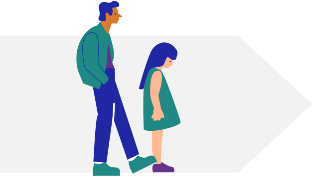 Man and girl with heads down and heads in pockets walking forward