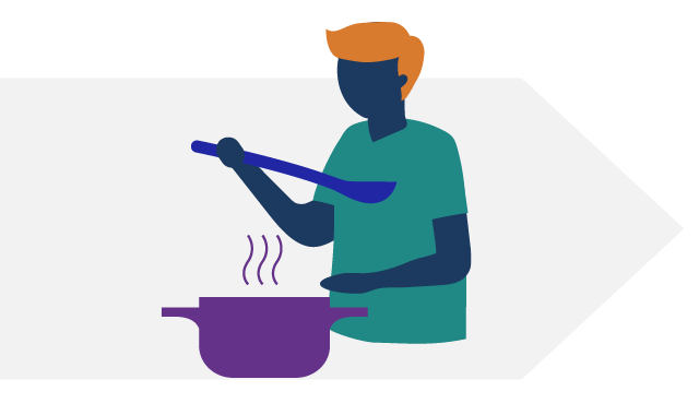 Man holding spoon over steaming cooking pot