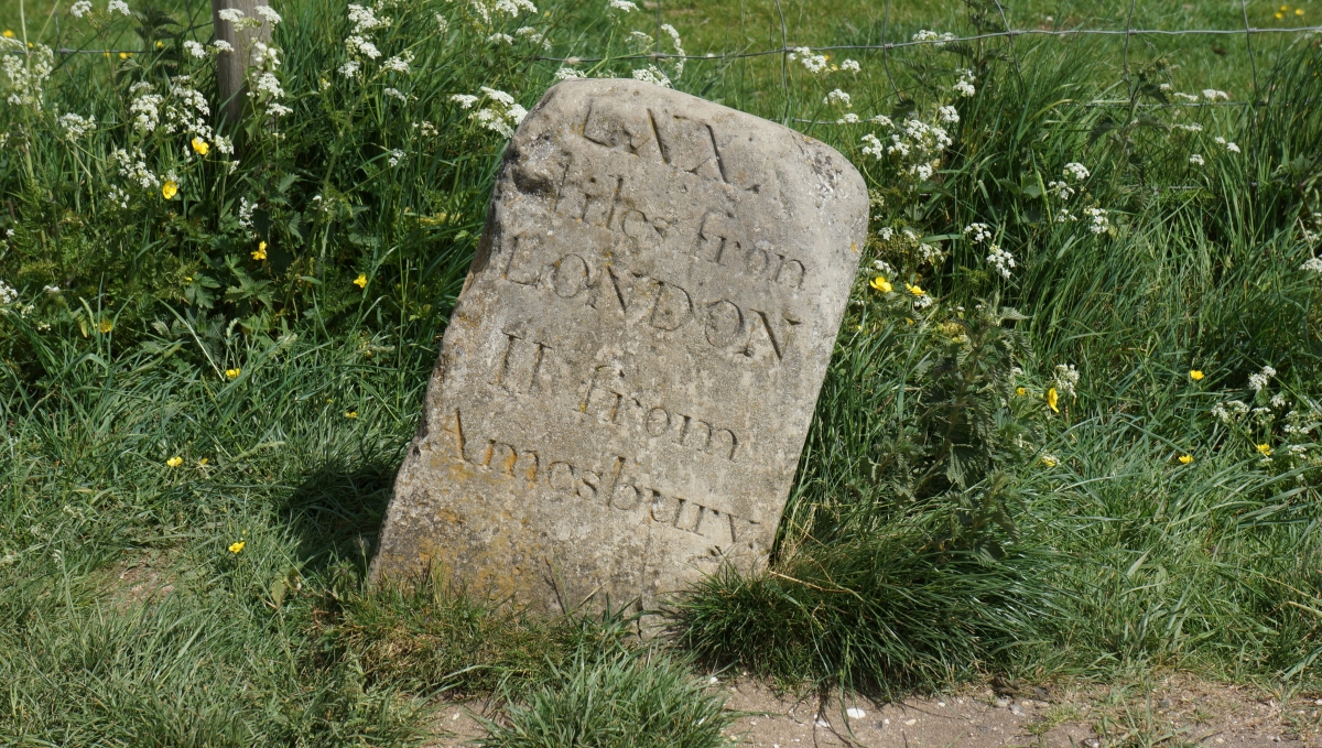 An old milestone stands at an angle in grass and wildflowers. It looks approximately Victorian, and bears the inscription ''LXX miles from London. II miles from Amesbury'.